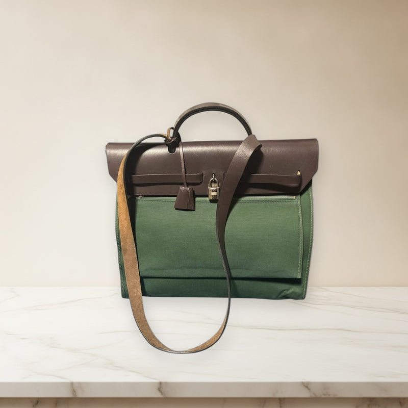 Hermes Herbag Zip Shoulder Bag Handbag Canvas Leather Green