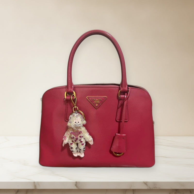 Prada Saffiano Handbag Tote Shoulder Bag Pink Leather Charm