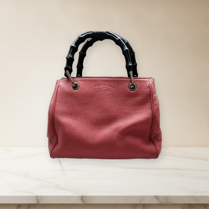 Gucci Bamboo Handle 2 Way Shoulder Crossbody Bag Pink Leather Handbag