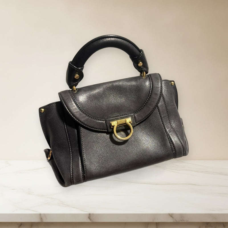 Salvatore Ferragamo Sofia 2-Way Handbag Calf Leather Black Gold Hardware