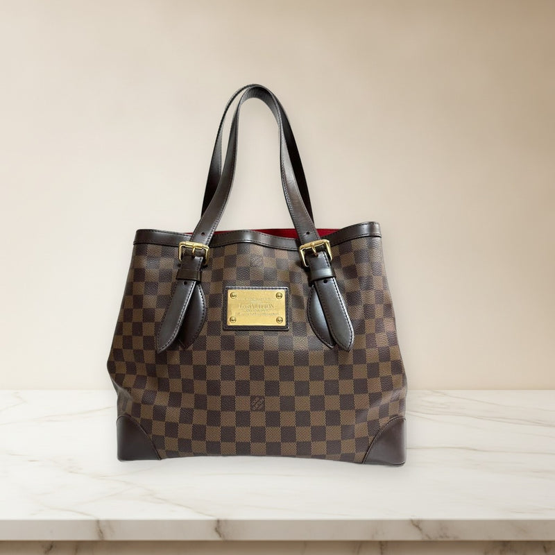 Louis Vuitton Damier Hamstead Mm Tote Bag Brown Leather Gold Hardware