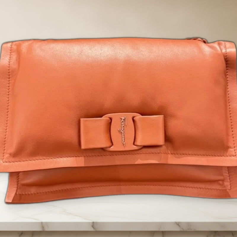 Salvatore Ferragamo Viva Bow Chain Shoulder Bag Orange Leather