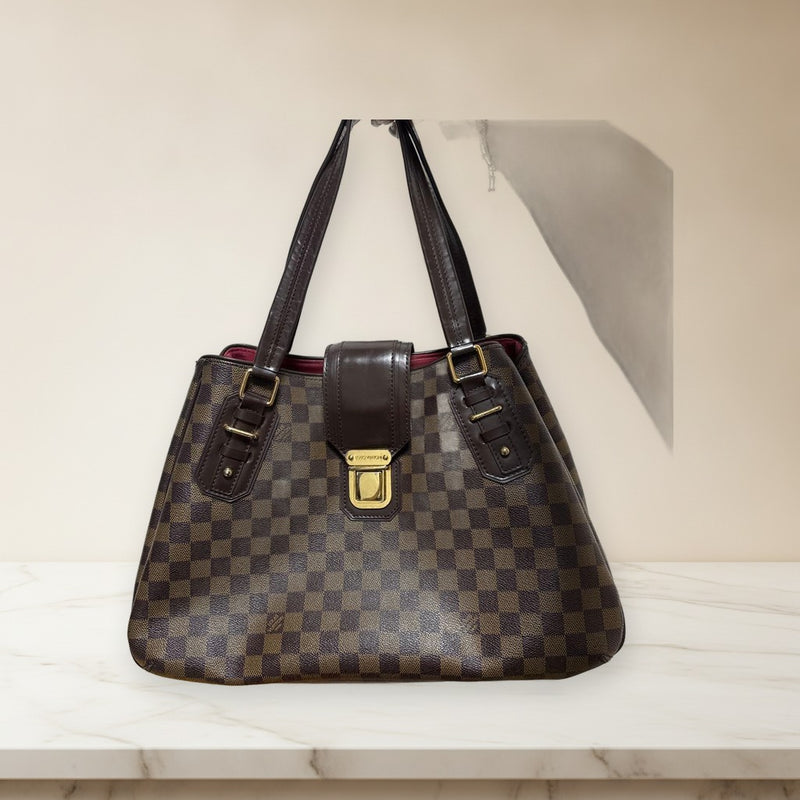 Brown Checkered Leather Handbag Tote Gold Hardware Wine Red Interior
