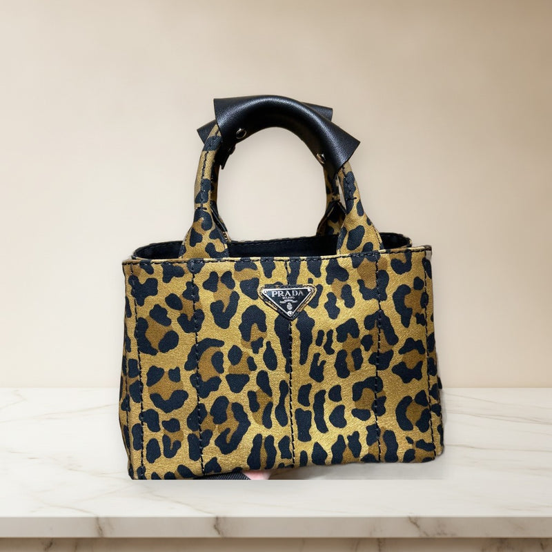Prada Canapa Tote Bag Canvas Brown Leopard Print Shoulder Strap