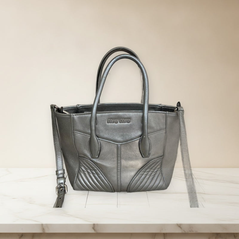 Miu Miu 2way Handbag Shoulder Bag Black Leather Silver Hardware