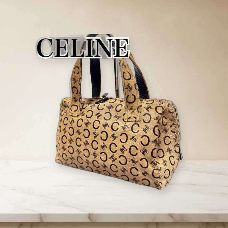 Celine Macadam Mini Boston Bag Hair Calfskin Leather Beige Brown Handbag