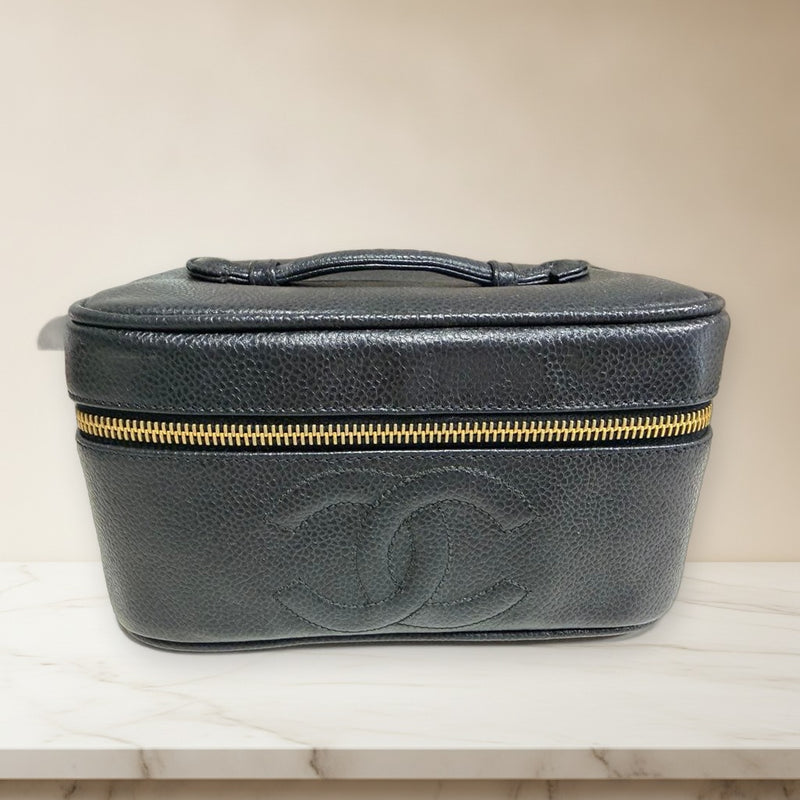 Chanel Vanity Bag Black Leather Handbag Cosmetic Pouch