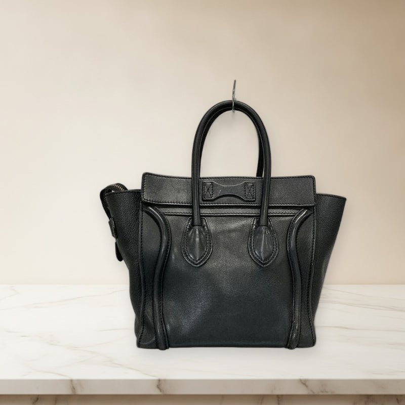 Celine Luggage Micro Shopper Handbag Drummed Calfskin Black