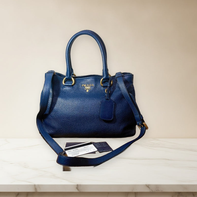 Prada 1BA878 Tote Handbag Shoulder Bag Navy Leather