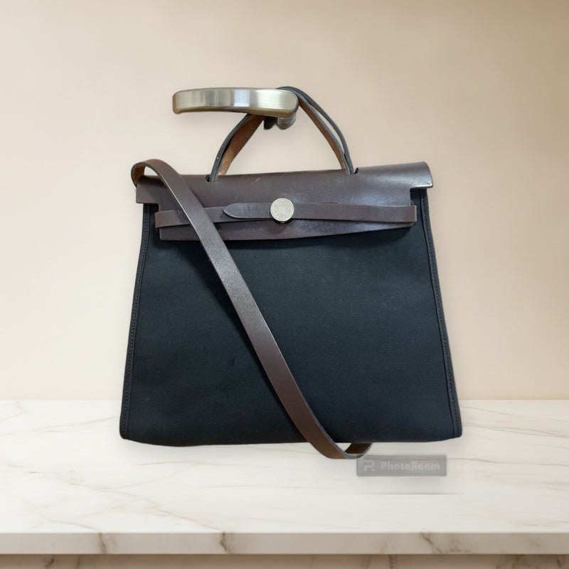Hermes Herbag Zip Pm Toile Officier Box Calf Shoulder Bag Black
