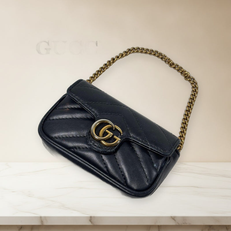Gucci Gg Marmont Mini Bag Crossbody Shoulder Handbag Leather Black Gold