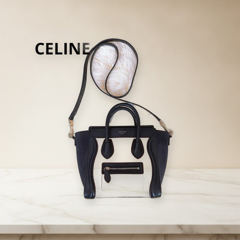 Celine Luggage Nano Shopper Handbag Calfskin Black Orange Gold Hardware