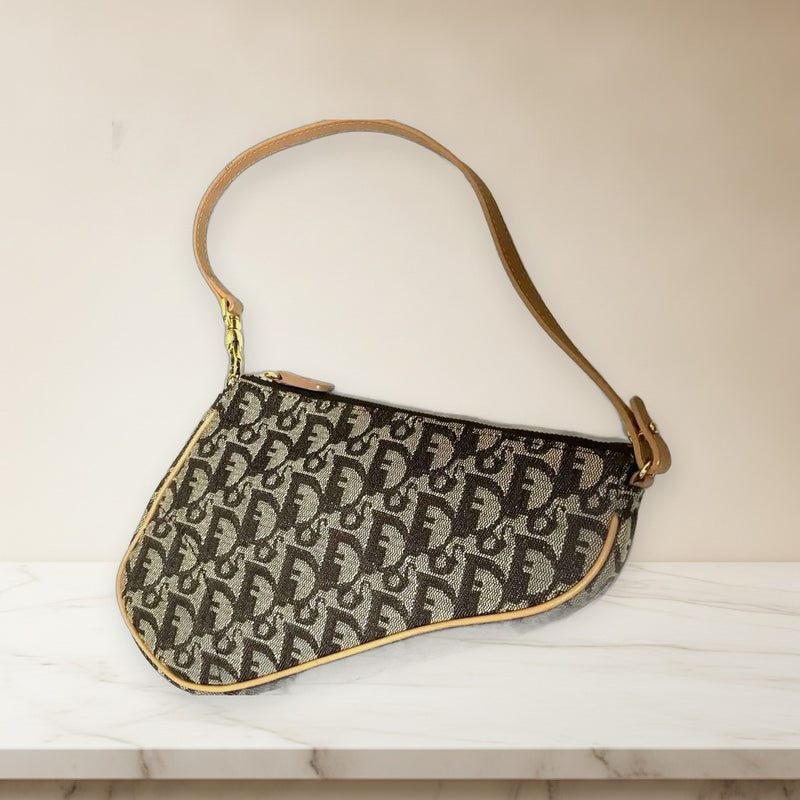 Christian Dior Trotter Saddle Bag Canvas Leather Brown Shoulder Bag