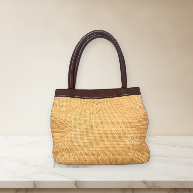 Chanel Straw Handbag Tote Shoulder Bag Brown Beige