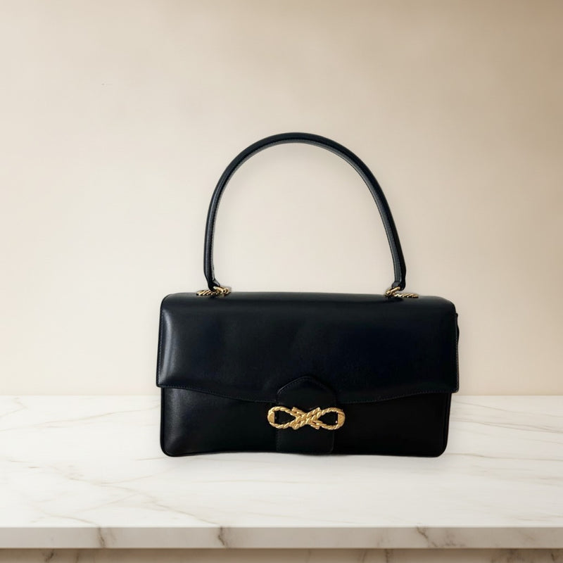 Celine Vintage Ribbon Shoulder Bag Handbag Leather Black Gold Hardware