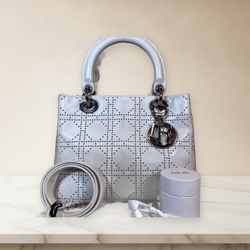 Lady Dior Studded 2 Way Shoulder Bag Leather White