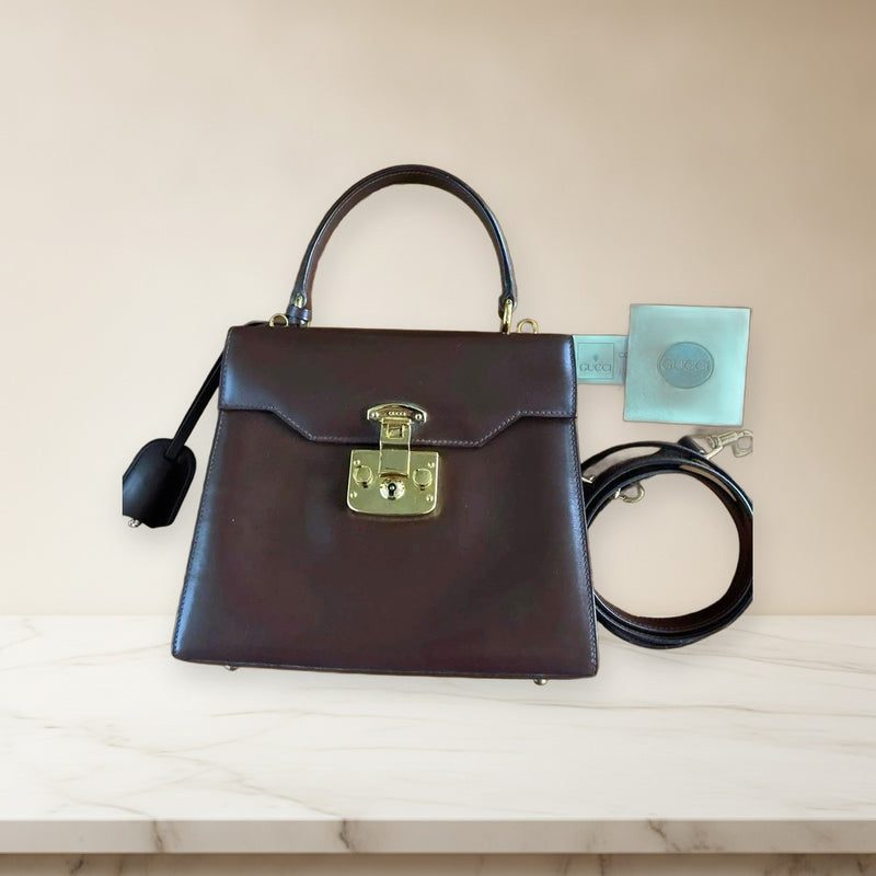 Gucci Lady Lock Handbag Leather Brown Shoulder Bag Key Metal Lock