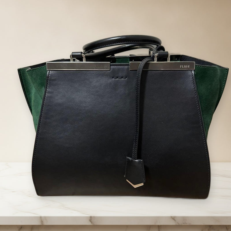 Fendi Trois Jours 8BH279 Tote Bag Leather Black Green Suede Silver Hardware