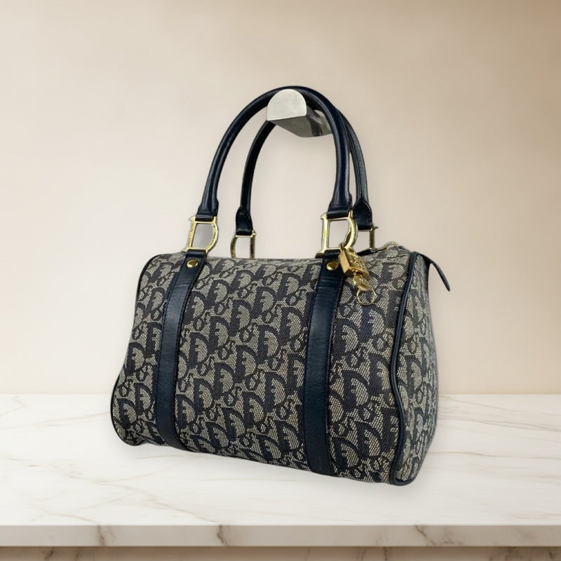 Christian Dior Trotter Mini Boston Handbag Canvas Leather Navy Padlock Key
