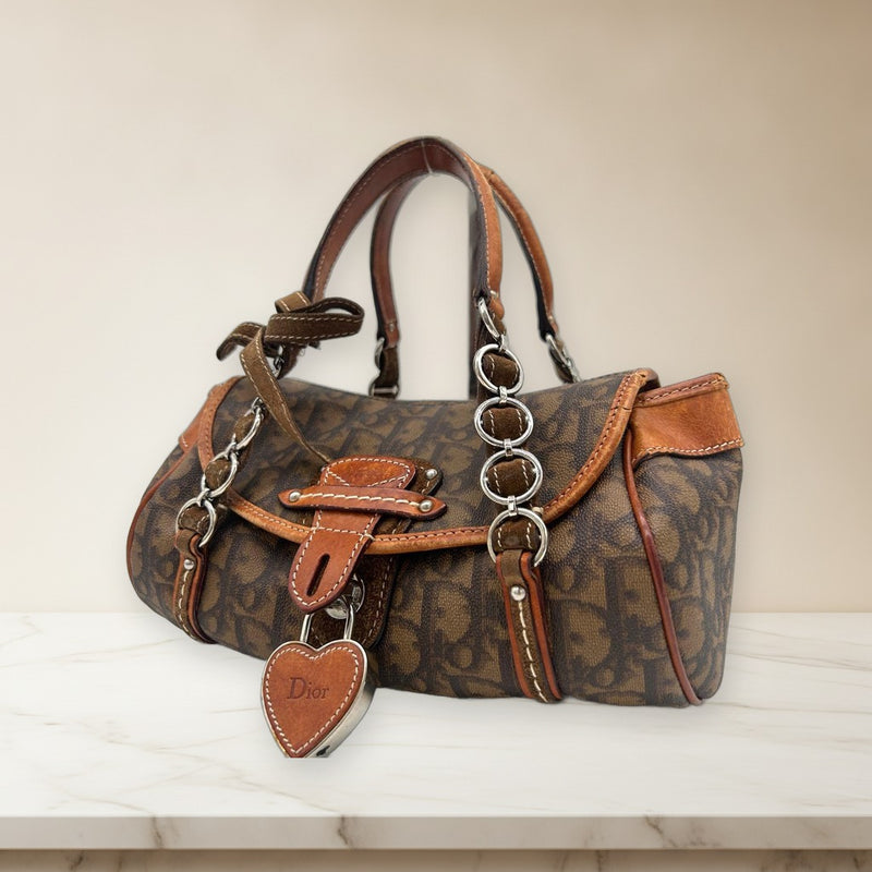 Christian Dior Romantic Trotter Handbag Pvc Leather Suede Brown Silver Hardware