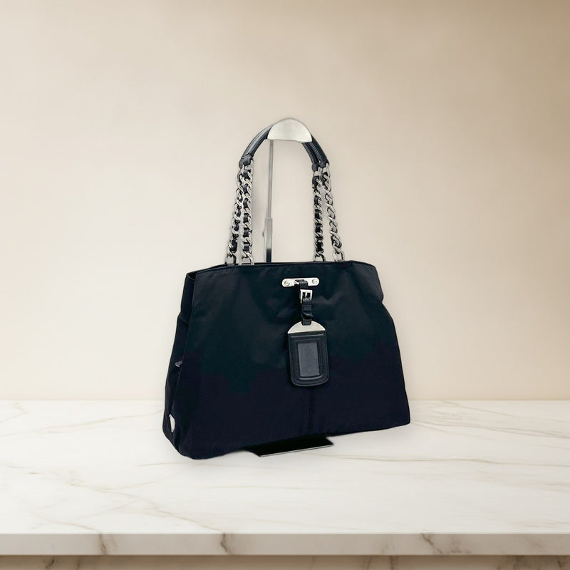 Prada Triangle Logo Chain Tote Bag Tessuto Nylon Saffiano Leather Black Silver