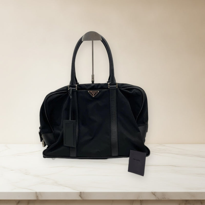 Prada Nylon Logo Plate Handbag Tote Shoulder Bag Black