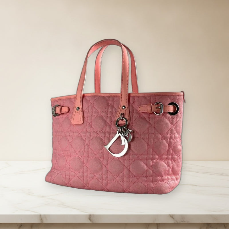 Christian Dior Cannage Handbag Coated Canvas Leather Pink Silver Hardware