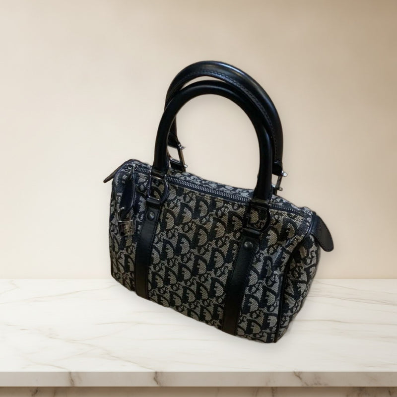 Christian Dior Trotter Mini Boston Handbag Canvas Leather Grey Black