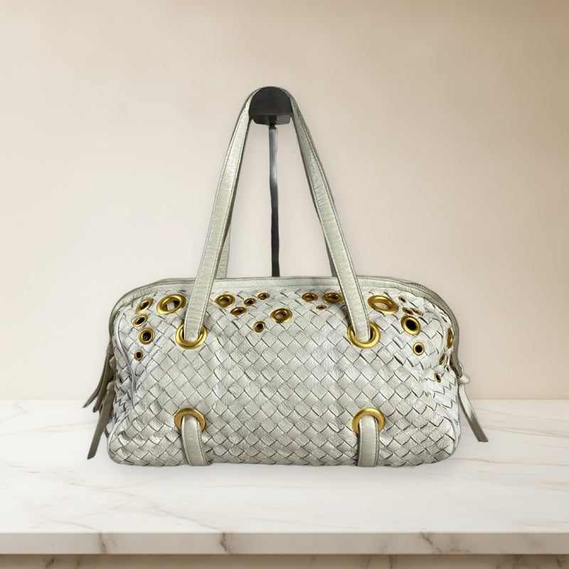 Bottega Veneta Intrecciato 141597 Handbag Punching Leather White Ivory