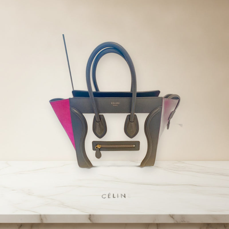 Celine Luggage Micro Handbag Calfskin Bicolor Magenta Black Tote Bag