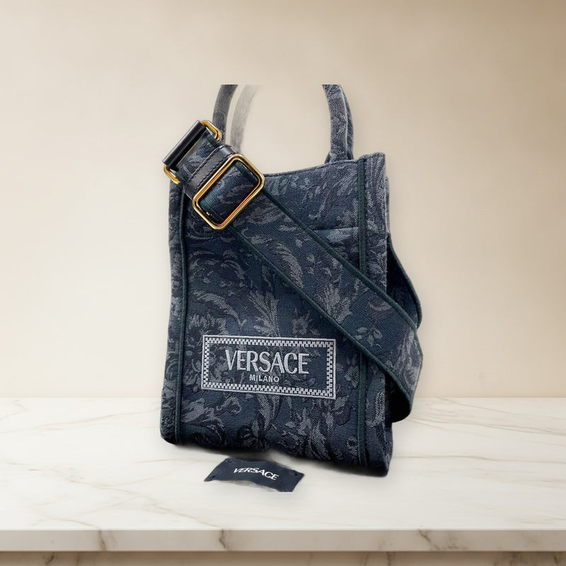 Versace Barocco Athena Mini Tote Shoulder Bag Black Canvas Leather