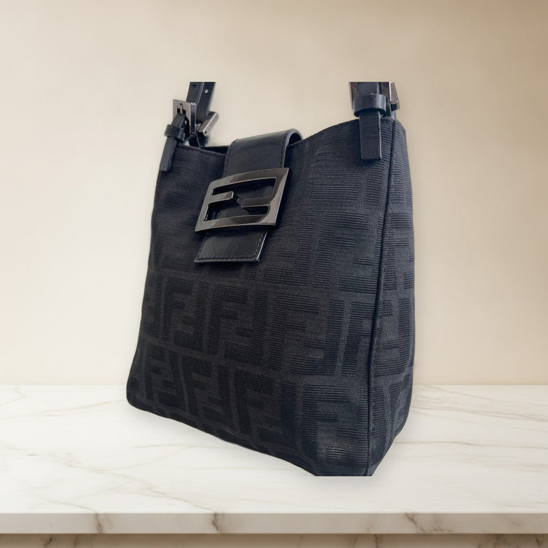 Fendi Mamma Bucket Zukka Handbag Black Canvas Leather
