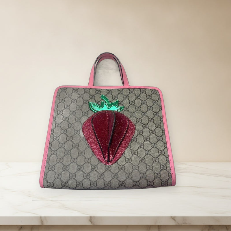 Gucci Strawberry Motif Crossbody Shoulder Bag Beige Pink