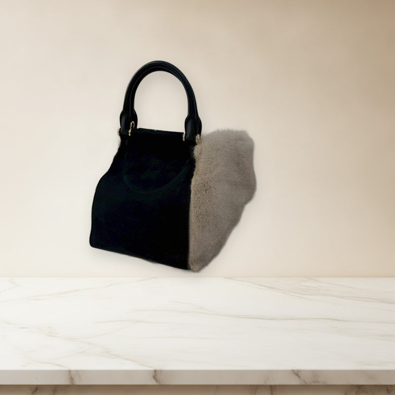 Maxmara Handbag Fur Suede Black Beige Lamb Leather