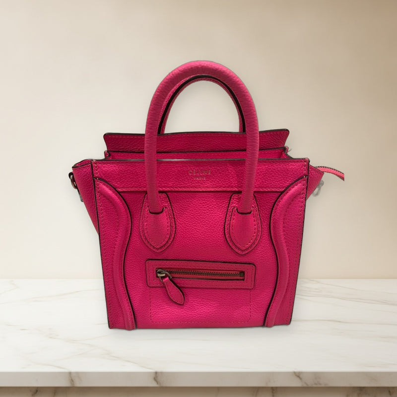 Celine Luggage Nano Handbag Crossbody Shoulder Bag Leather Shocking Pink