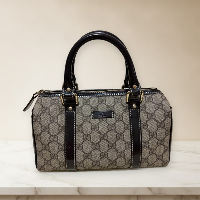 Gucci Handbag Beige Brown Canvas Leather Logo Pattern Double Handle Gold Zipper