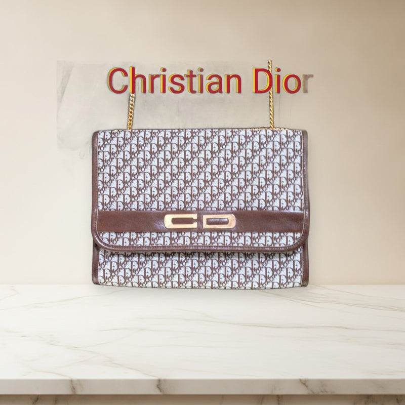 Christian Dior Chain Bag Trotter Pattern Canvas Leather Gray Brown Shoulder Bag