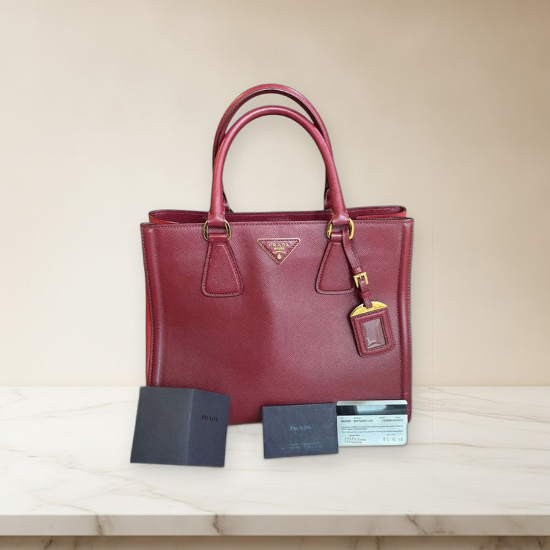 Prada Saffiano BN2438 Handbag Tote Bicolor Bordeaux Red Leather