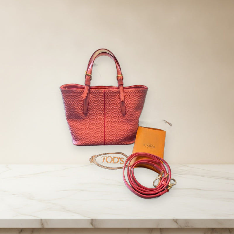 Tods Tote Shoulder Bag Pink Leather Embossed Gold Hardware