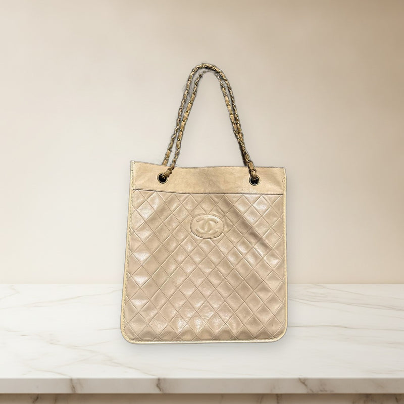 Chanel Matelasse Tote Bag Lambskin Beige Coco Mark Gold Chain Handle
