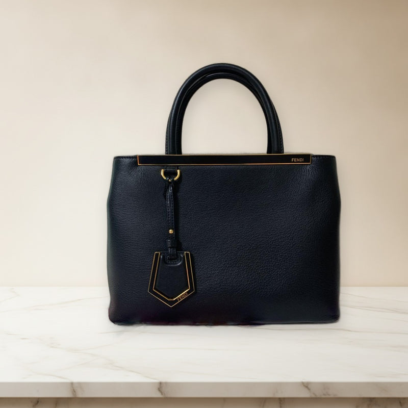 Fendi Deux Jours Handbag Tote Shoulder Bag Black Leather