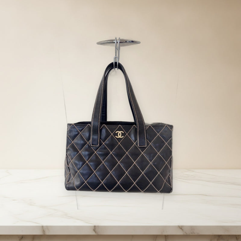 Chanel Wild Stitch Tote Bag Black Leather Beige Stitching Coco Mark