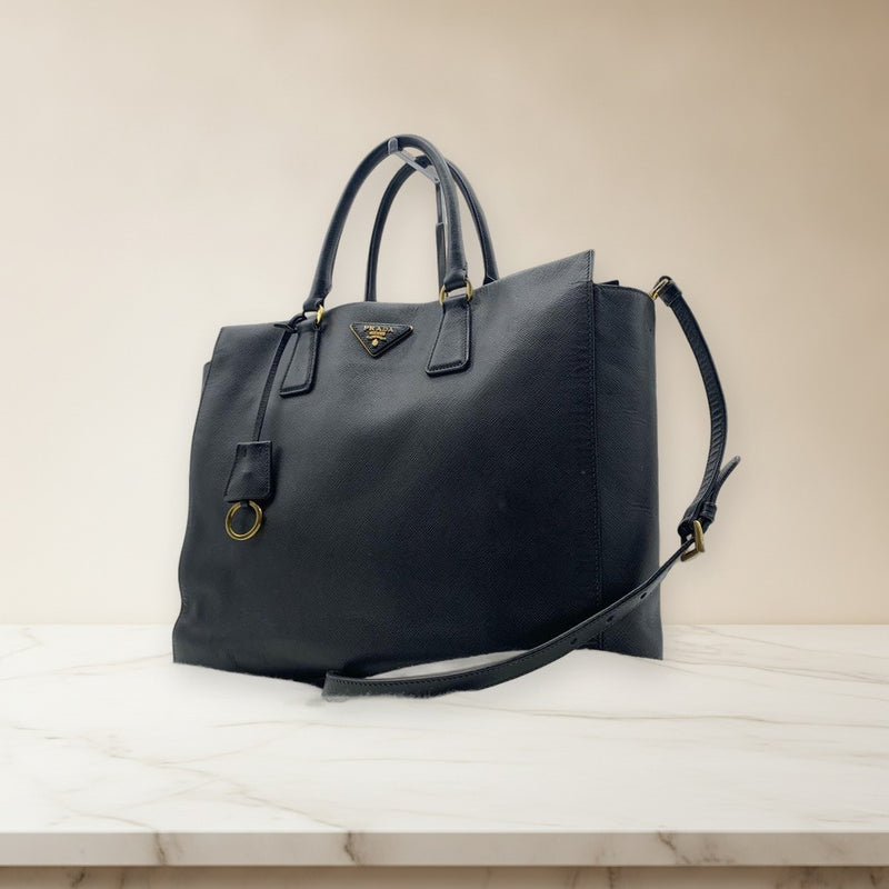 Prada Saffiano Leather 2way Handbag Shoulder Bag Black