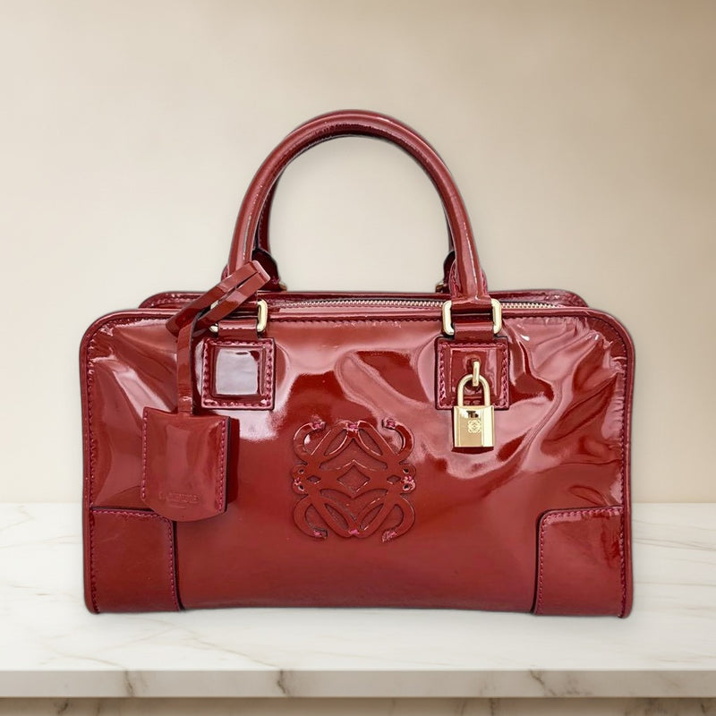 Loewe Amazona 28 Anagram Handbag Enamel Patent Leather Red Gold Hardware