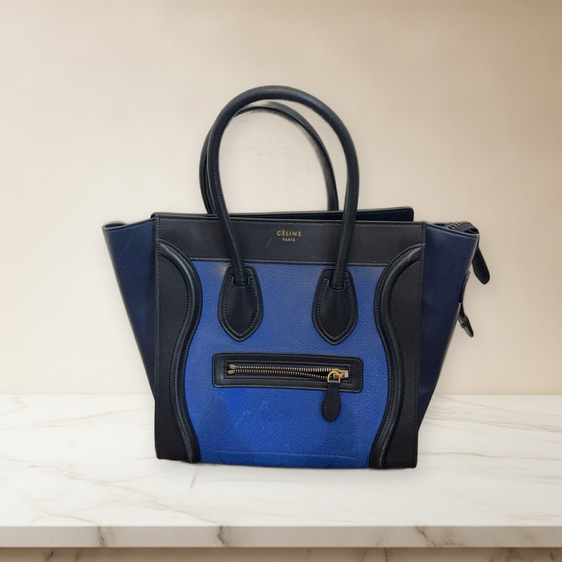 Celine Luggage Micro Shopper Handbag Calf Nubuck Blue Black