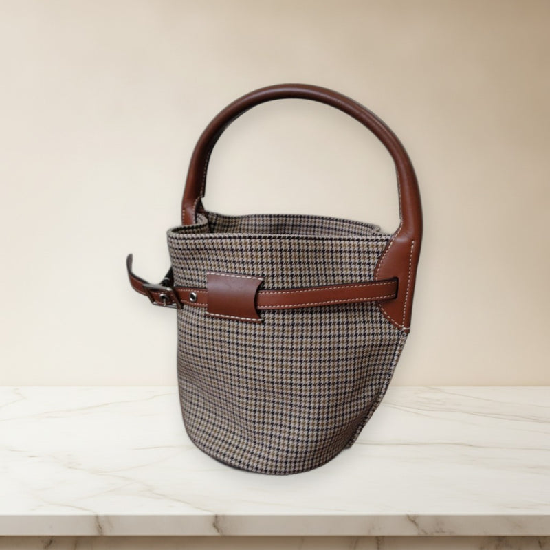 Celine Big Bag Nano Bucket Handbag Wool Leather Beige Brown Check