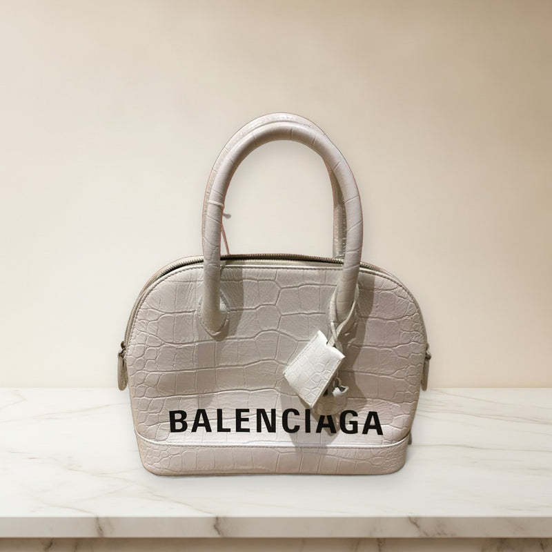Balenciaga Vill Handbag Crocodile Embossed Leather White Padlock Key Case