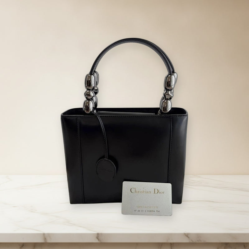 Christian Dior Malice Pearl Handbag Mirror Calf Leather Black