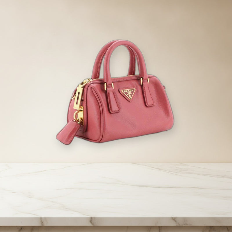 Prada Lux Convertible Boston Bag Mini Saffiano Leather Pink Gold Hardware