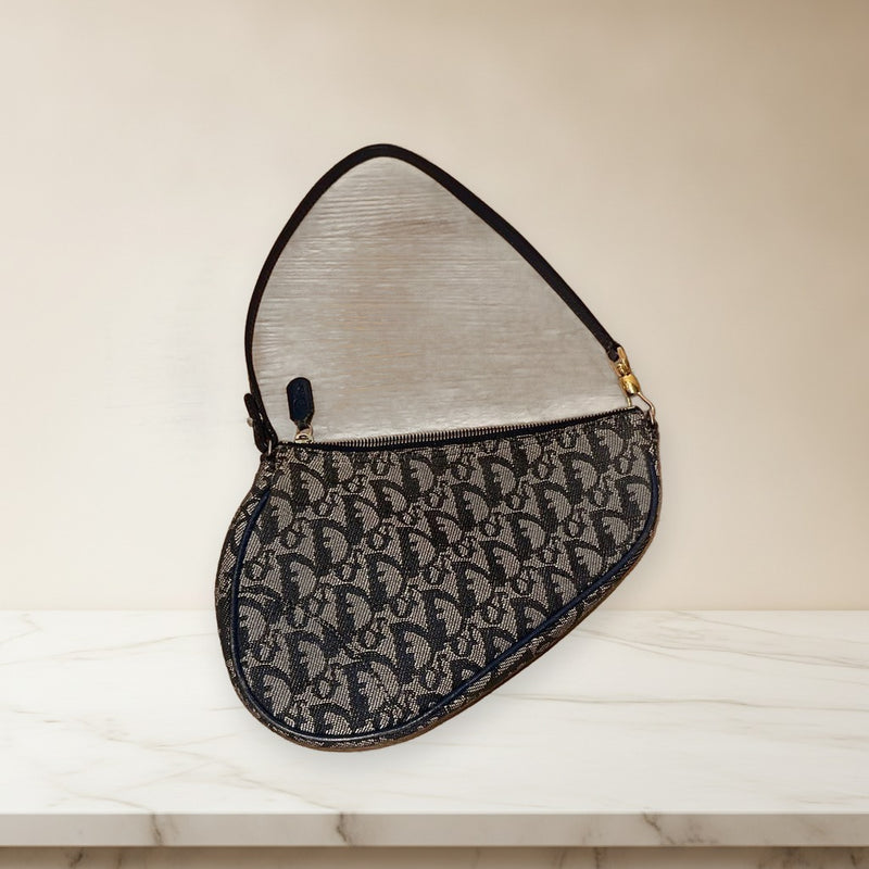 Christian Dior Saddle Pouch Bag Trotter Monogram Navy Canvas Leather Gold